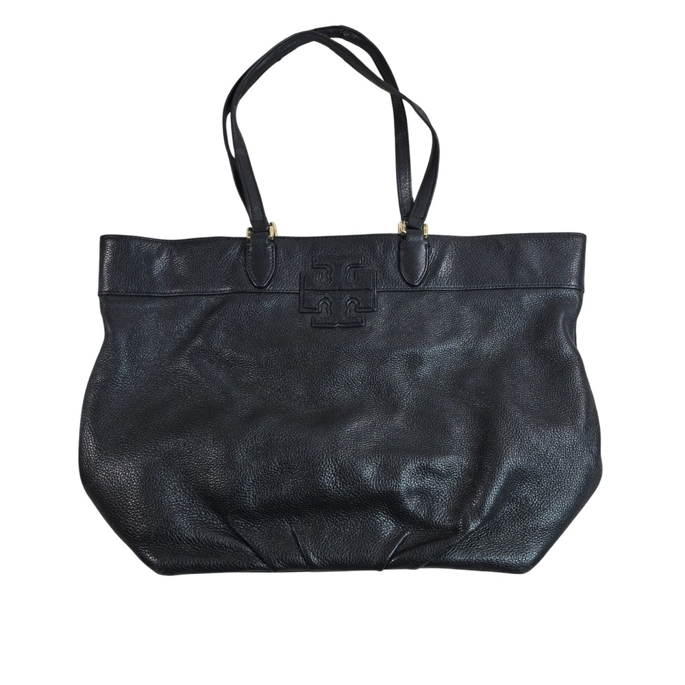 Tory Burch Amanda Black‎ Pebbled Leather Logo Tote Bag Shoulder Bag